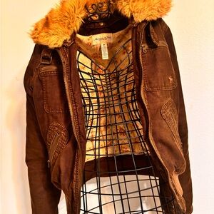Abercrombie & Fitch Brown Corduroy Bomber Jacket with Faux Fur Collar